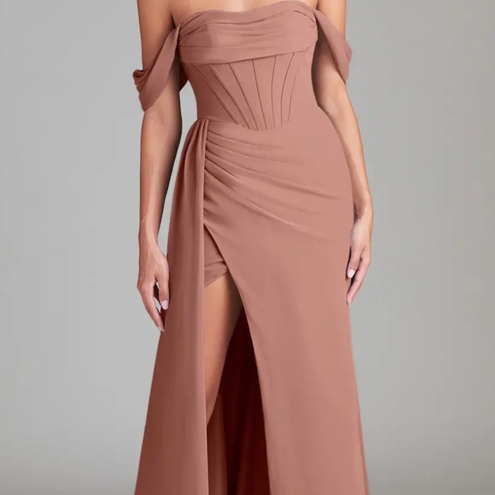 Azazie Amyra bridesmaids dress in cedar rose color.
